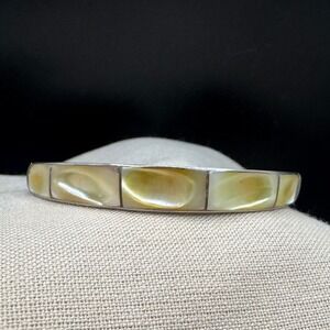 Mother of Pearl Shell Inlay Cuff Bracelet Philippine Handmade Silver Tone